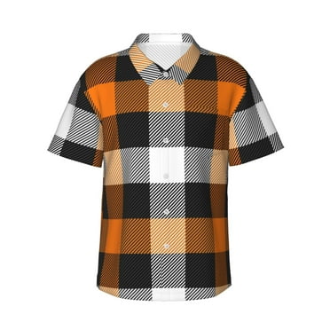 JUNZAN Orange Plaid Pattern Hawaiian Shirt for Men,Summer Beach Casual Short Sleeve Button Down Shirts-Small