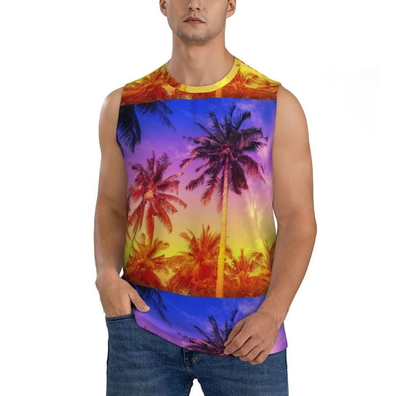 JUNZAN Palm Trees at Sunset Men's Sleeveless T Shirts,Sleeveless Muscle Shirts,Sizes S-3XL