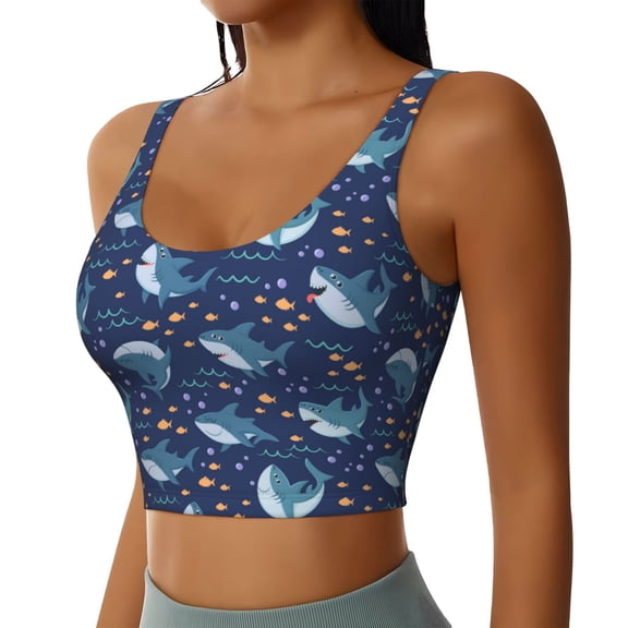JUNZAN Party Shark Cut Print Women's Workout Tank Tops - U Back Fitness Top with Built-In Shelf Bra, Perfect for Yoga and Gym-Medium