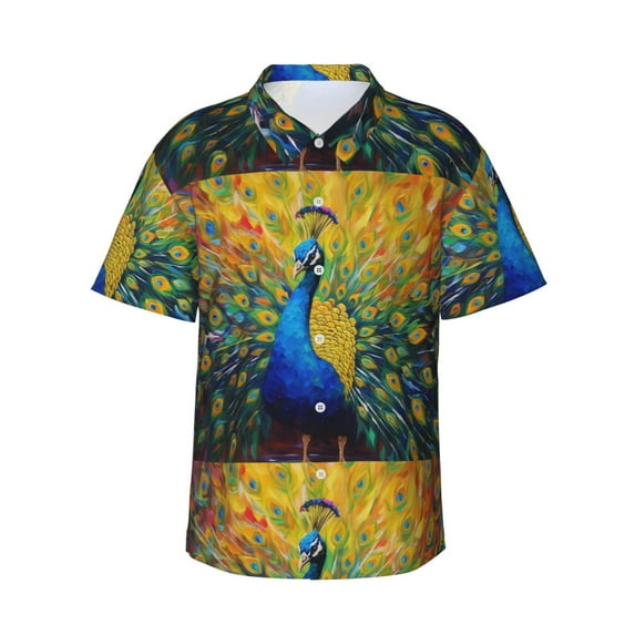 JUNZAN Peacocks Pattern Hawaiian Shirt for Men,Summer Beach Casual Short Sleeve Button Down Shirts-3X-Large