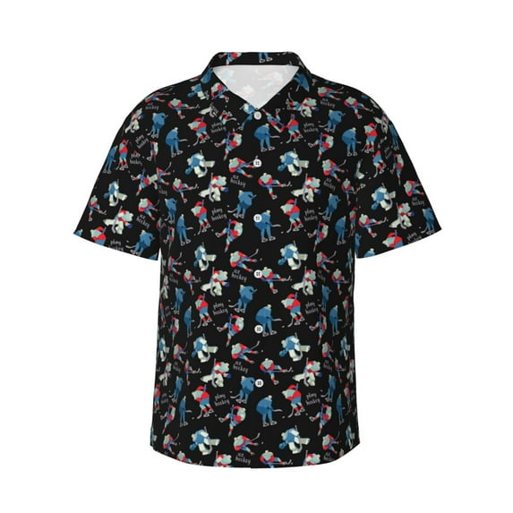 JUNZAN Play Hockey Pattern Hawaiian Shirt for Men,Summer Beach Casual Short Sleeve Button Down Shirts-XX-Large