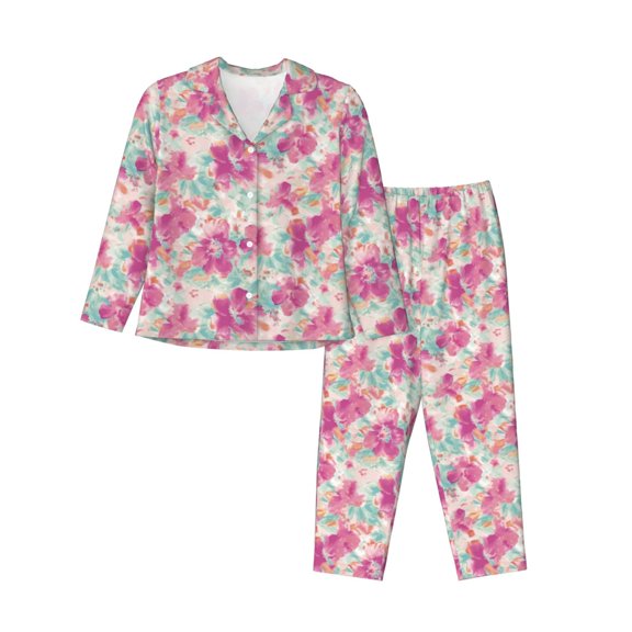 JUNZAN Purple Watercolor Flowers Print Womens Pajama Sets,Long Sleeve Button Down for Women Pjs 2 piece