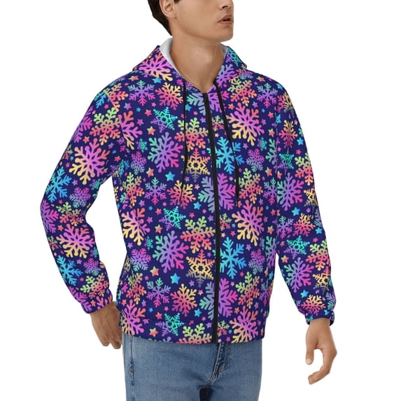 JUNZAN Rainbow Snowflakes Print Men's Zip Up Hoodie Athletic Hoodies Long Sleeve Hooded Sweatshirts With Pockets (S-3XL)