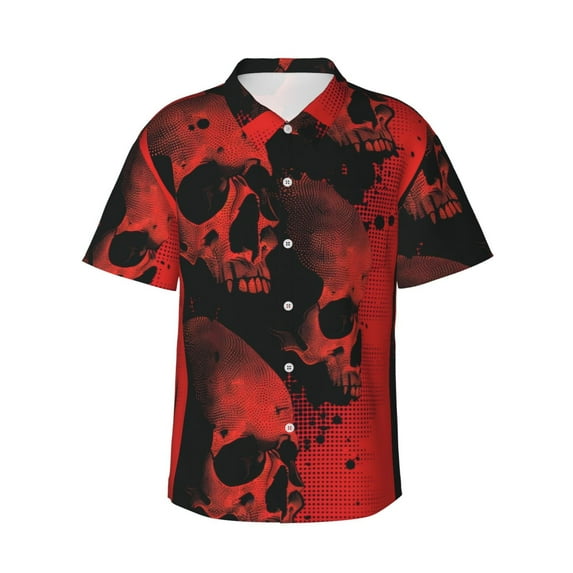 JUNZAN Red And Black Abstract Skull Pattern Hawaiian Shirt for Men,Summer Beach Casual Short Sleeve Button Down Shirts-Large