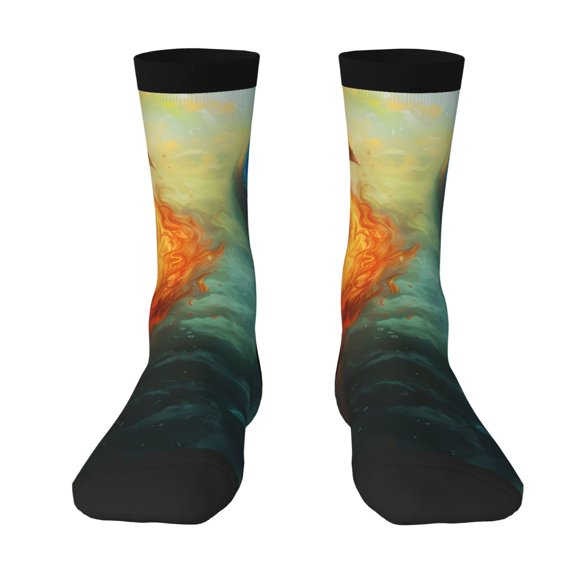 JUNZAN Red And Blue Fire Peacock Mens Funny Socks for Men Women Colorful Fun Novelty Crew Patterned Socks