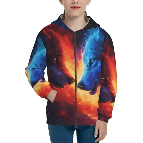 JUNZAN Red And Blue Fire Wolf Print Kids Zip Up Hoodies Long Sleeve for Boys or Girls Casual Oversized Jackets with Pocket Loose Tops- Medium