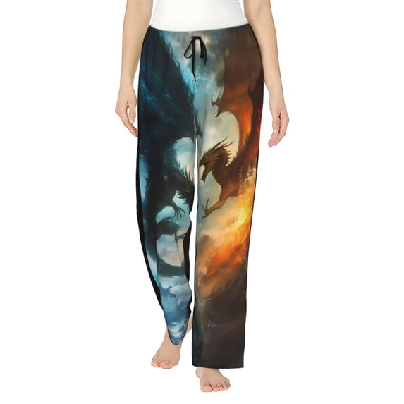JUNZAN Red And Blue Flame Wave Dragon Women's Pajama Pants Drawstring Comfy Sleep Bottoms with Pockets