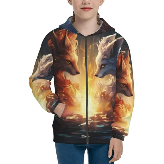 JUNZAN Red And White Flame Fox Print Kids Zip Up Hoodies Long Sleeve for Boys or Girls Casual Oversized Jackets with Pocket Loose Tops- Small