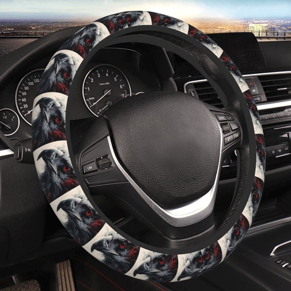 JUNZAN Red Black Ink Style Bald Eagle Elastic Stretch Steering Wheel Cover Breathable,Anti-Slip,Fit Suvs,Vans,Sedans, Cars,Trucks,Universal Fit