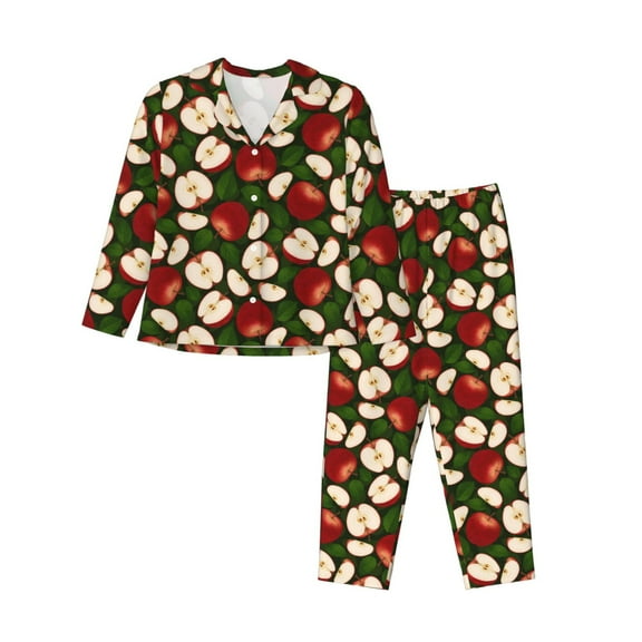 JUNZAN Red Fruit Print Womens Pajama Sets,Long Sleeve Button Down for Women Pjs 2 piece-X-Large