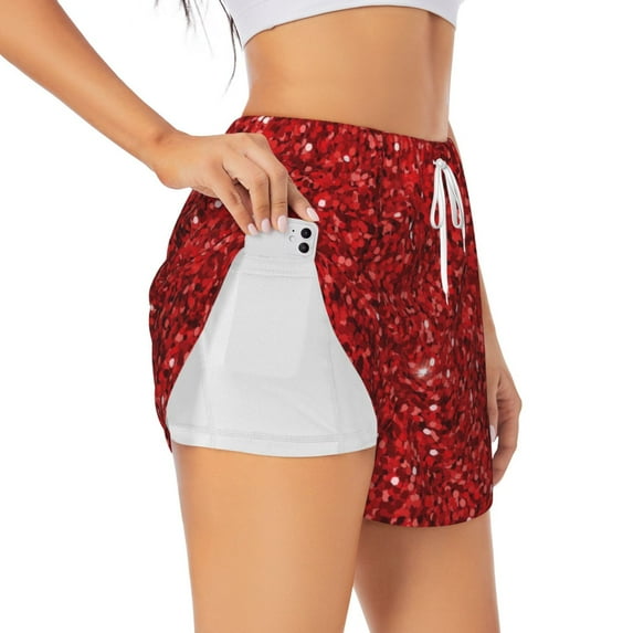 JUNZAN Red Glitter Print Women's Athletic Gym Running Shorts with Phone Pockets - Workout Shorts-Medium