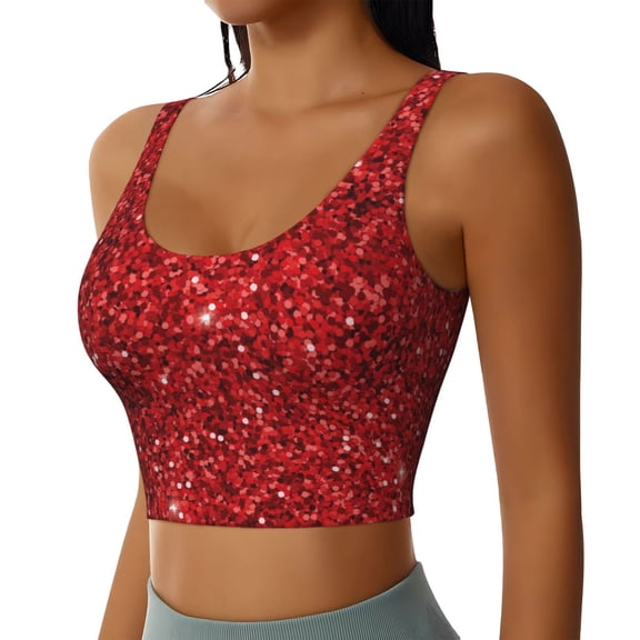 JUNZAN Red Glitter Print Women's Workout Tank Tops - U Back Fitness Top with Built-In Shelf Bra, Perfect for Yoga and Gym-Small