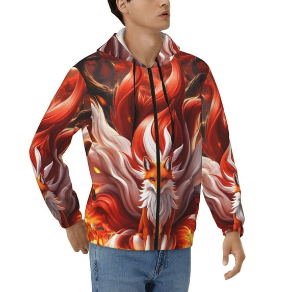 JUNZAN Red Leaf Flame Fox Print Men's Zip Up Hoodie Athletic Hoodies Long Sleeve Hooded Sweatshirts With Pockets (S-3XL)