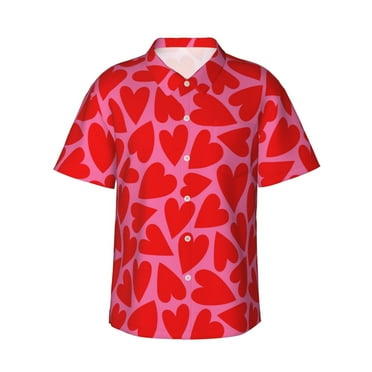JUNZAN Red Love Heart Pattern Hawaiian Shirt for Men,Summer Beach Casual Short Sleeve Button Down Shirts-Small
