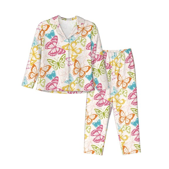 JUNZAN Retro Colorful Butterfly Print Womens Pajama Sets,Long Sleeve Button Down for Women Pjs 2 piece