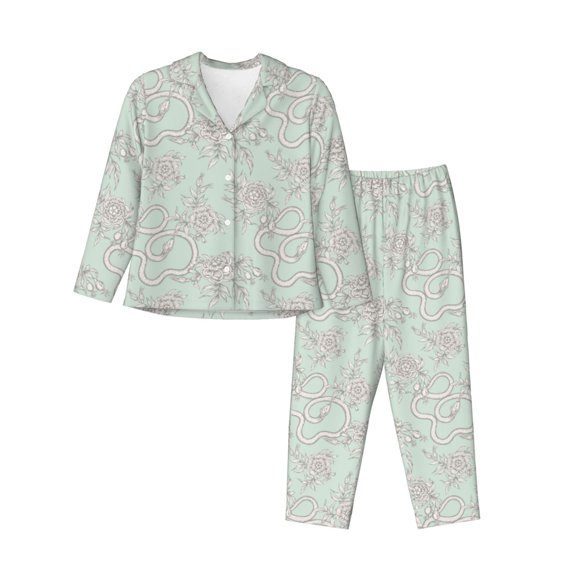 JUNZAN Retro Snake Print Womens Pajama Sets,Long Sleeve Button Down for Women Pjs 2 piece
