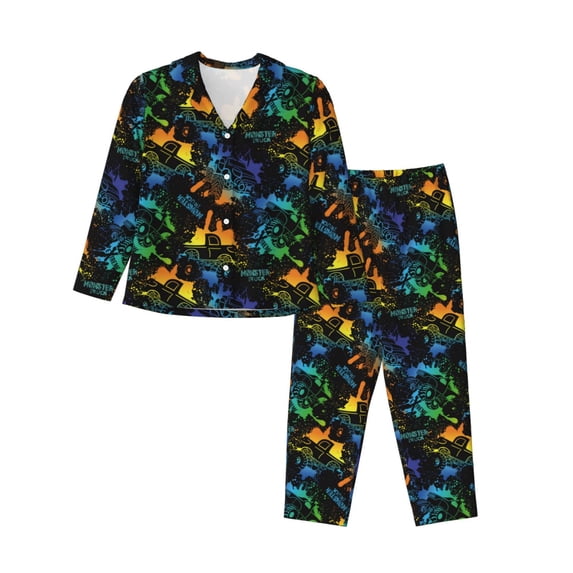 JUNZAN Retro Truck Print Womens Pajama Sets,Long Sleeve Button Down for Women Pjs 2 piece
