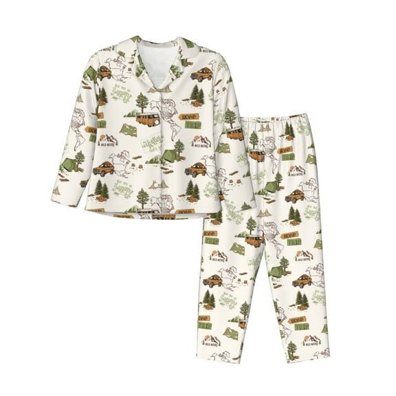 JUNZAN Road Trip Print Womens Pajama Sets,Long Sleeve Button Down for Women Pjs 2 piece