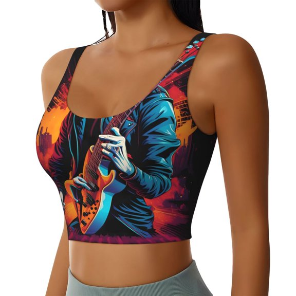 JUNZAN Rock Skull Singer Print Women's Workout Tank Tops - U Back Fitness Top with Built-In Shelf Bra, Perfect for Yoga and Gym-X-Large