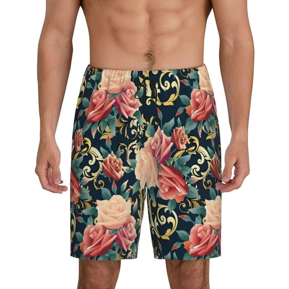 JUNZAN Rose Flowers Pattern Sleep Pajama Shorts for Men,Men's Pajama Bottoms,Sleepwear,Pj Shorts