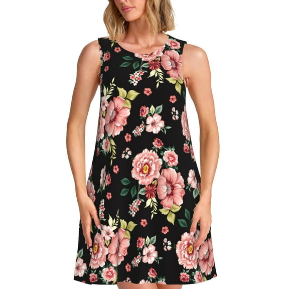 JUNZAN Rose Flowers Print Summer Dresses for Women 2025,Sleeveless Sundresses Loose Round Neck Tank Dresses with Pockets