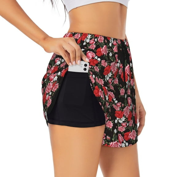 JUNZAN Rose Flowers Print Women's Athletic Gym Running Shorts with Phone Pockets - Workout Shorts-Small