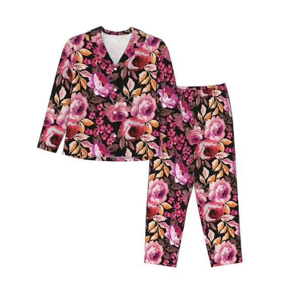 JUNZAN Rose Flowers Print Womens Pajama Sets,Long Sleeve Button Down for Women Pjs 2 piece
