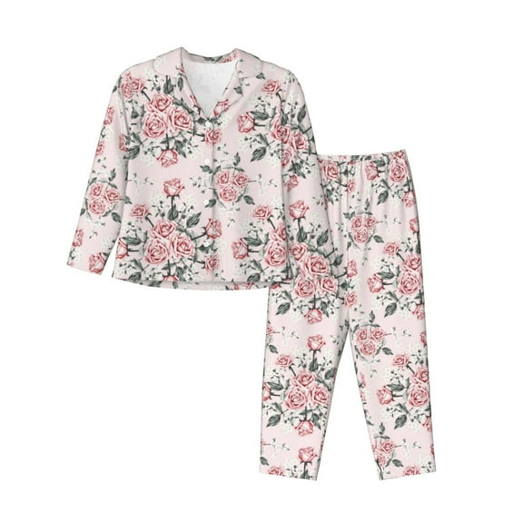 JUNZAN Rose Flowers Print Womens Pajama Sets,Long Sleeve Button Down for Women Pjs 2 piece