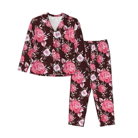 JUNZAN Rose Flowers Print Womens Pajama Sets,Long Sleeve Button Down for Women Pjs 2 piece