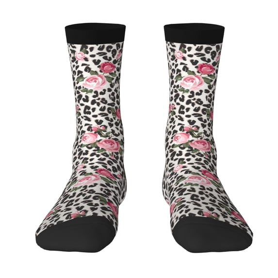 JUNZAN Rose Mix Leopard 3 Mens Funny Socks for Men Women Colorful Fun Novelty Crew Patterned Socks