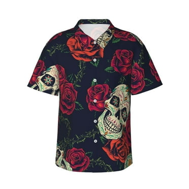 JUNZAN Roses Skulls Pattern Hawaiian Shirt for Men,Summer Beach Casual Short Sleeve Button Down Shirts-Small