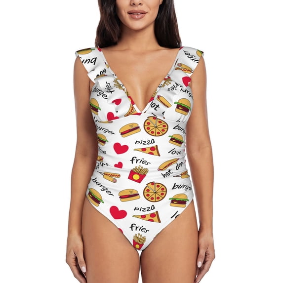 JUNZAN Ruffle One Piece Swimsuits for Women V Neck Fast Food Print Bathing Suits-Small