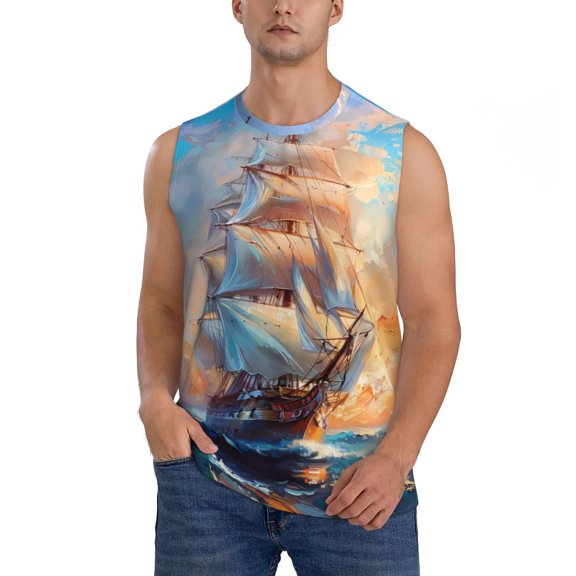 JUNZAN Sailing Ship Ocean Sunset Men's Sleeveless T Shirts,Sleeveless Muscle Shirts,Sizes S-3XL