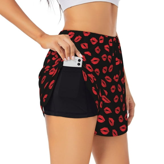 JUNZAN Sexy Red Lips Kiss Print Women's Athletic Gym Running Shorts with Phone Pockets - Workout Shorts-Small