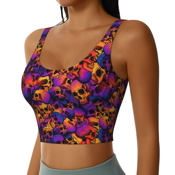 JUNZAN Skull Print Women's Workout Tank Tops - U Back Fitness Top with Built-In Shelf Bra, Perfect for Yoga and Gym-Large