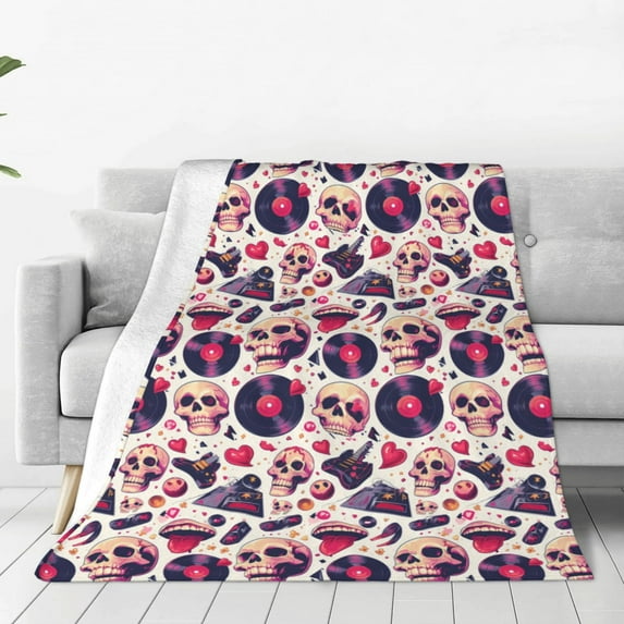 JUNZAN Skull lips record Guitar Print Flannel Fleece Blanket Throw Blanket for Bed,Sofa,Couch,Travel,Camping(80"x60" )