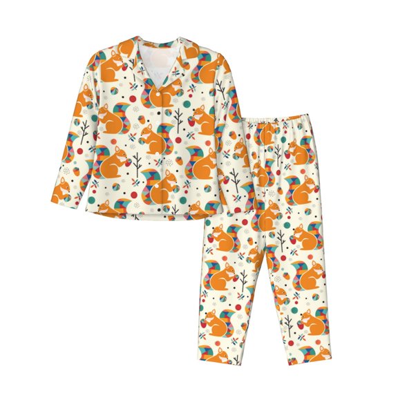 JUNZAN Squirrel With Colorful Tail Print Womens Pajama Sets,Long Sleeve Button Down for Women Pjs 2 piece