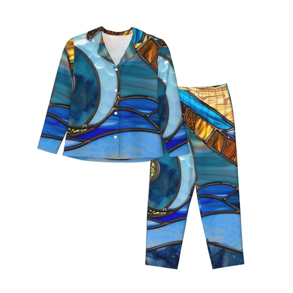 JUNZAN Stained Glass Ocean Wave Print Womens Pajama Sets,Long Sleeve Button Down for Women Pjs 2 piece-XX-Large