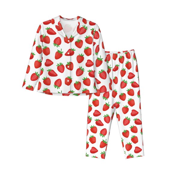 JUNZAN Strawberries Print Womens Pajama Sets,Long Sleeve Button Down for Women Pjs 2 piece