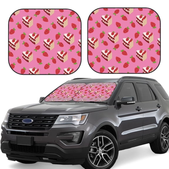 JUNZAN Strawberry Cake Pattern Car Windshield Sun Shade | Reflective Sunshade | Foldable 2-Piece Sun Shield Protect Your Car | Fits Sedans, SUVs, Hatchbacks-Small