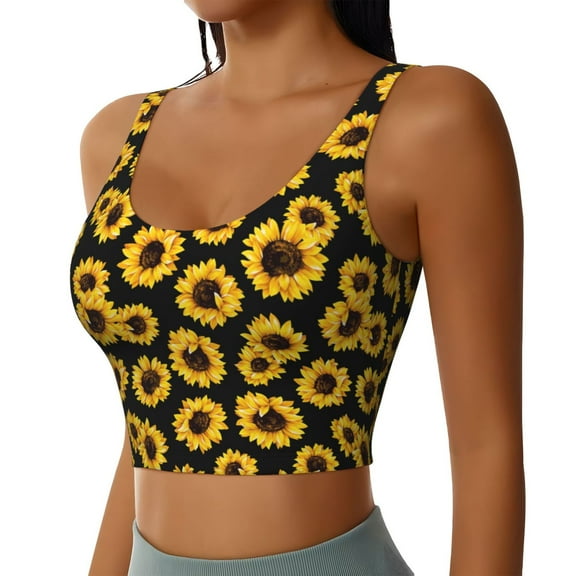 JUNZAN Sunflower 6 Print Women's Workout Tank Tops - U Back Fitness Top with Built-In Shelf Bra, Perfect for Yoga and Gym-Small