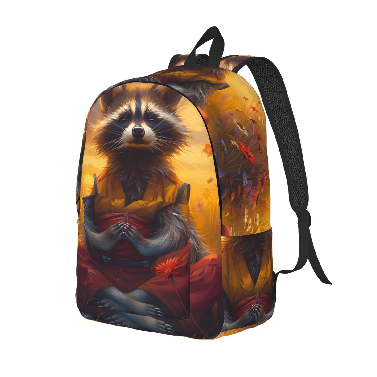 Cute Racoon Backpack JUNZAN Sunset Flower Meditating Raccoon Pattern Travel Laptop Backpack ...