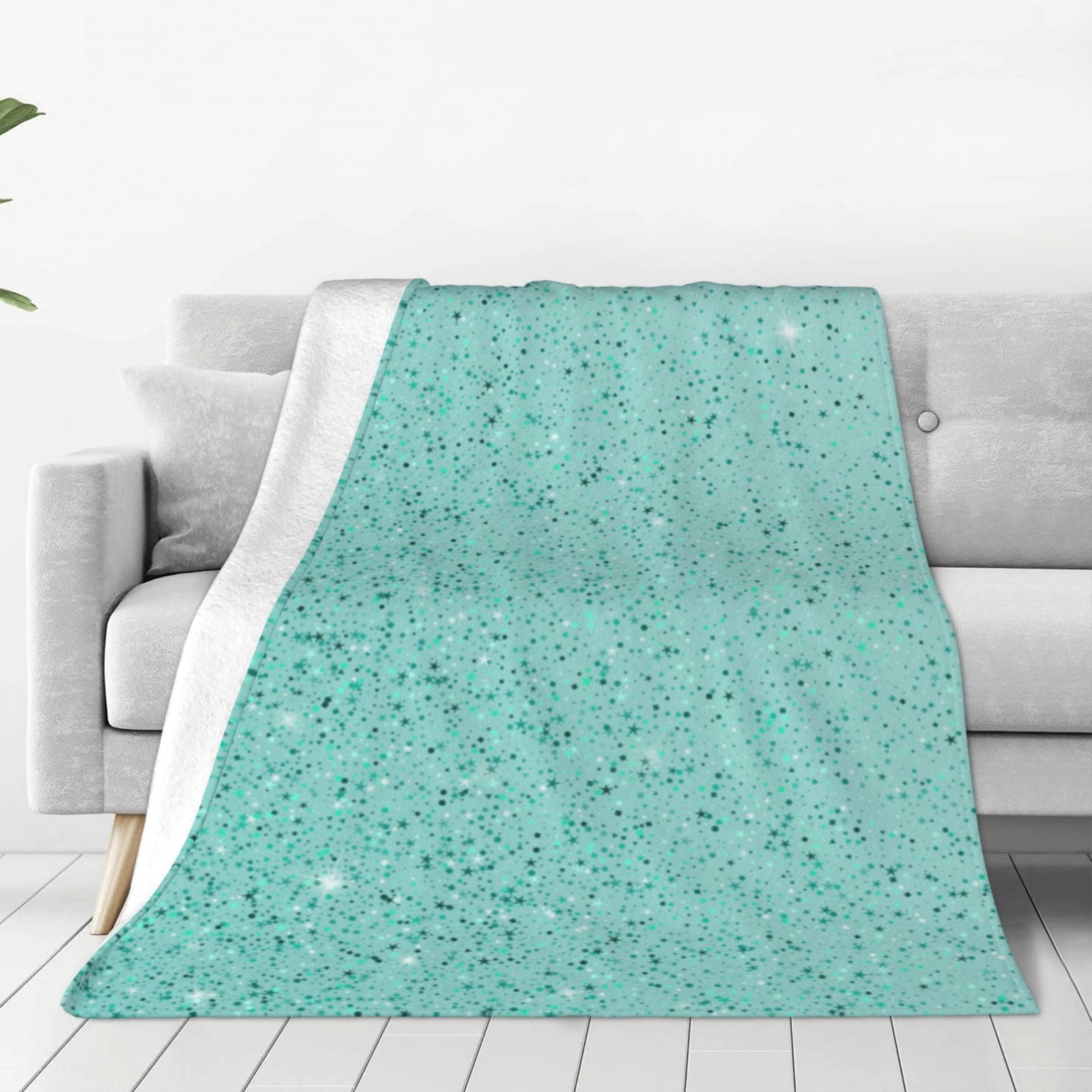 JUNZAN Teal Turquoise Glitter Print Flannel Fleece Blanket Throw