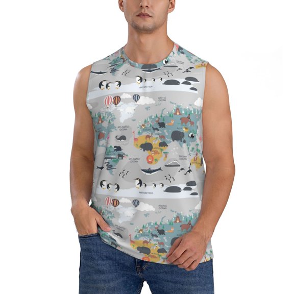 JUNZAN The World Map with Cartoon Animals Men's Sleeveless T Shirts,Sleeveless Muscle Shirts,Sizes S-3XL