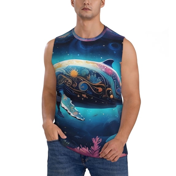 JUNZAN Vintage Colorful Patterned Dolphin Men's Sleeveless T Shirts,Sleeveless Muscle Shirts,Sizes S-3XL