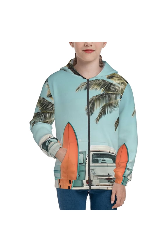 Vintage Surf Van Beach Print Kids Zip Up Hoodies Long Sleeve for Boys or Girls Casual Oversized Jackets with Pocket Loose Tops- Small