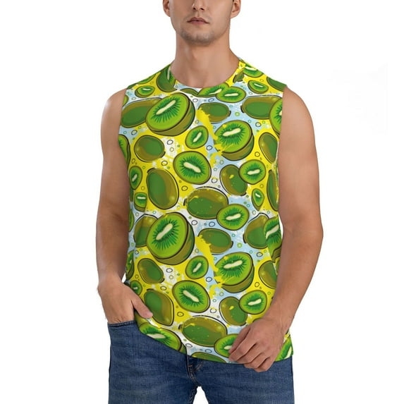 JUNZAN Watercolor Kiwi Fruits Summer Men's Sleeveless T Shirts,Sleeveless Muscle Shirts,Sizes S-3XL