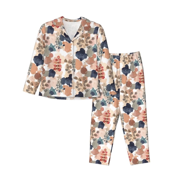 JUNZAN Watercolor Plants Print Womens Pajama Sets,Long Sleeve Button Down for Women Pjs 2 piece