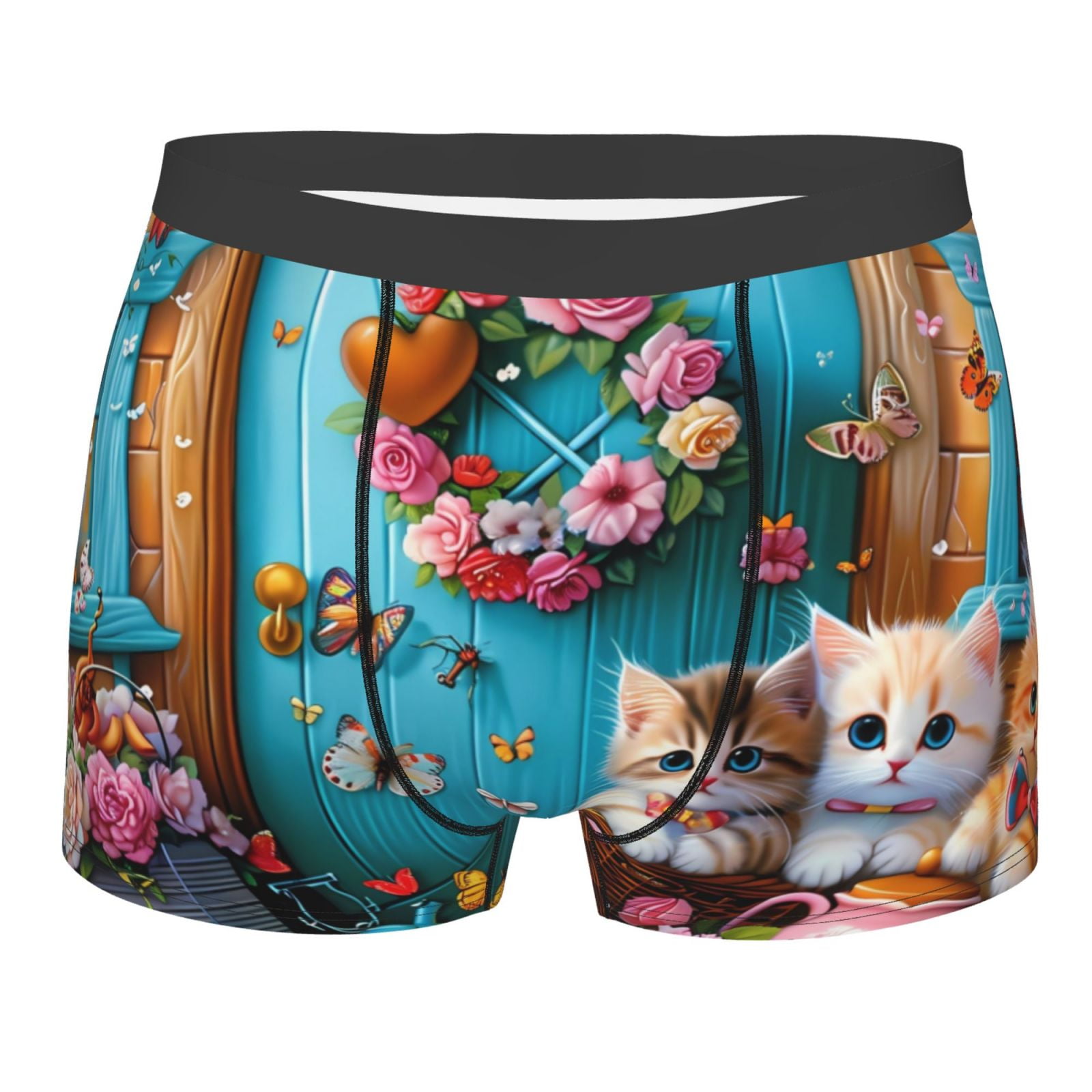 JUNZAN Whimsical Cats and Flowers Scene Mens Underwear Boxer Briefs for