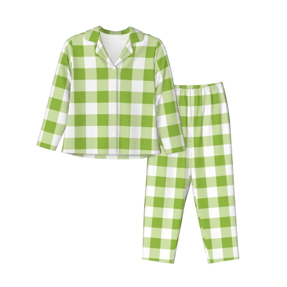 JUNZAN White Green Plaid Print Womens Pajama Sets,Long Sleeve Button Down for Women Pjs 2 piece